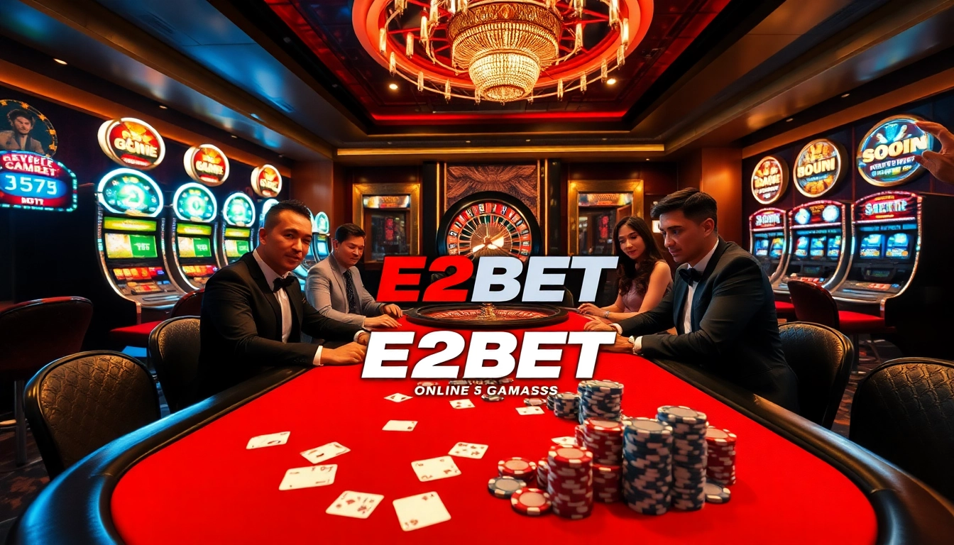 Players engaging at a vibrant E2BET casino table, showcasing excitement and luxury in gaming.