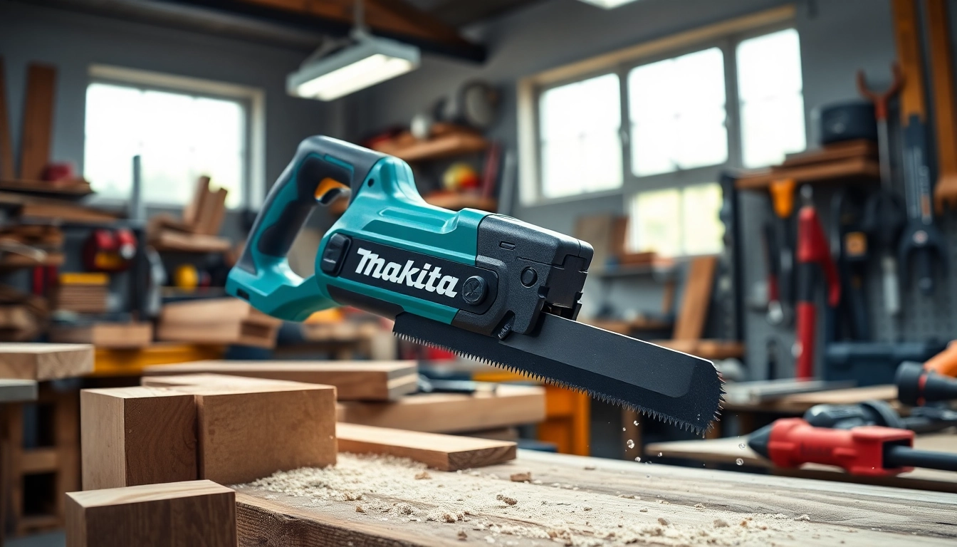 The Makita hacksaw effectively cutting through wood and metal, showcasing precision and performance.