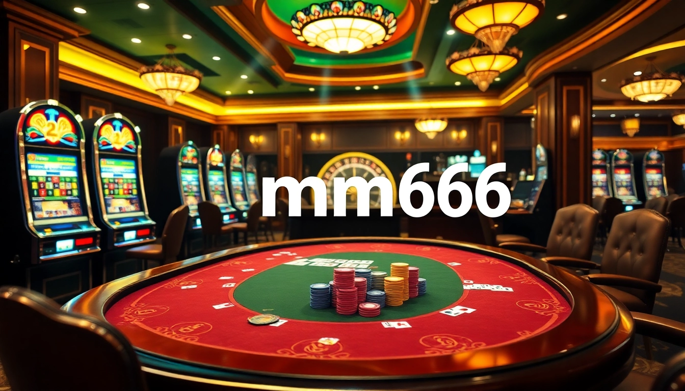 Experience the thrill of mm66 with a luxurious casino scene showcasing poker tables and slot machines.