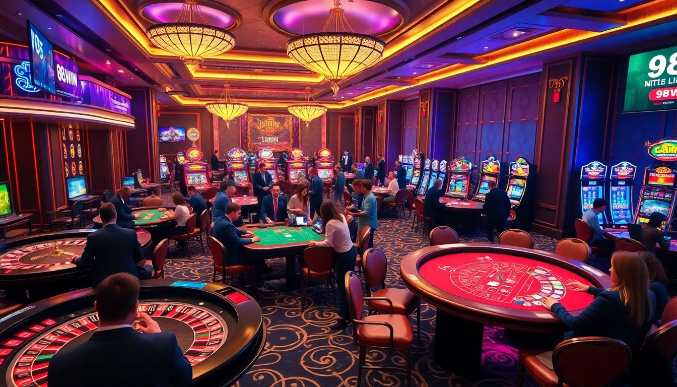 Players enjoy thrilling games at 98win casino, emphasizing excitement and professional atmosphere.