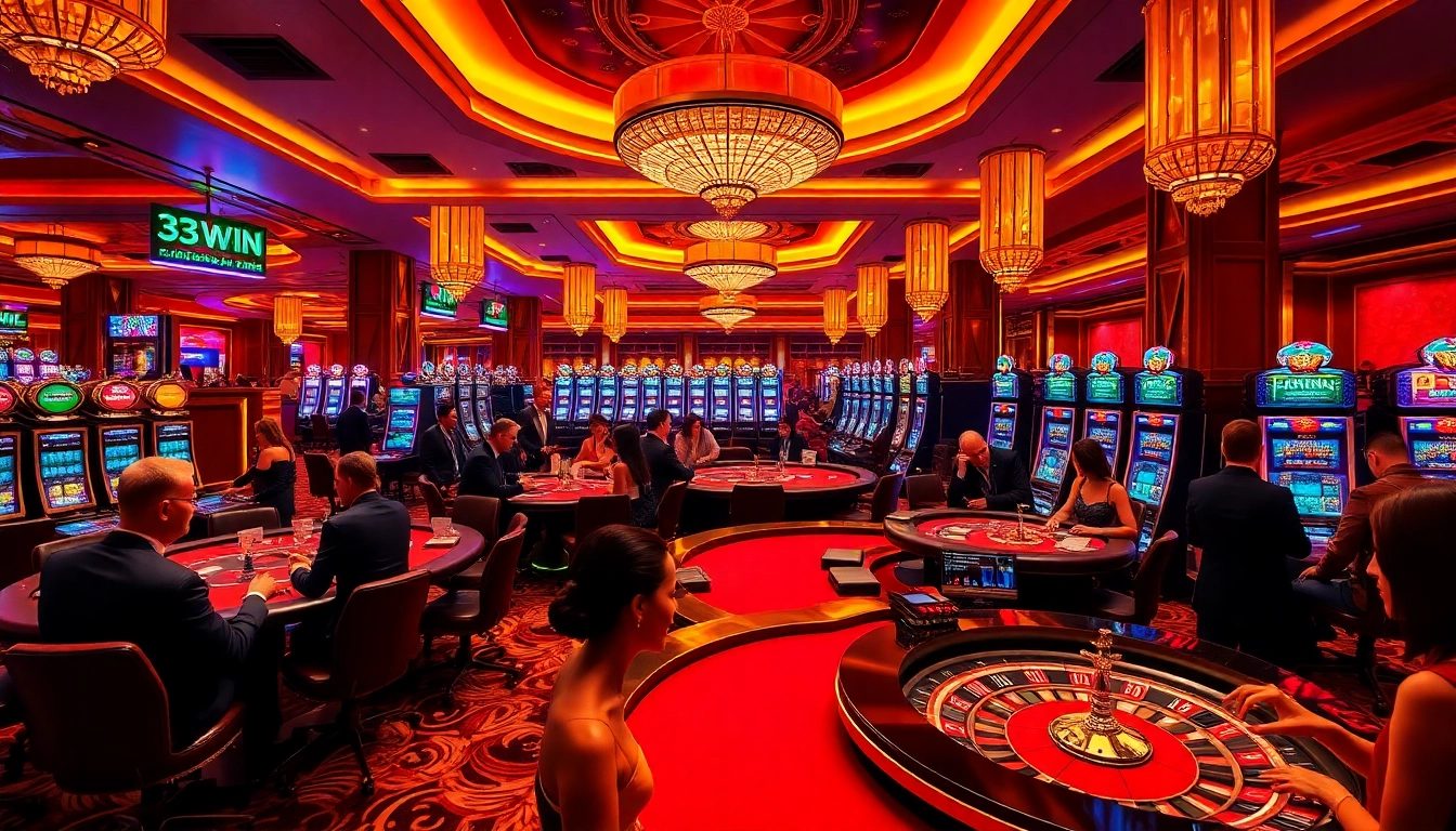 Players enjoying exciting games at 33WIN casino with vibrant atmosphere and luxurious setting.