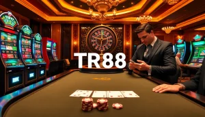 Engaging scene of professional poker players at a TR88-themed casino table, surrounded by chips.