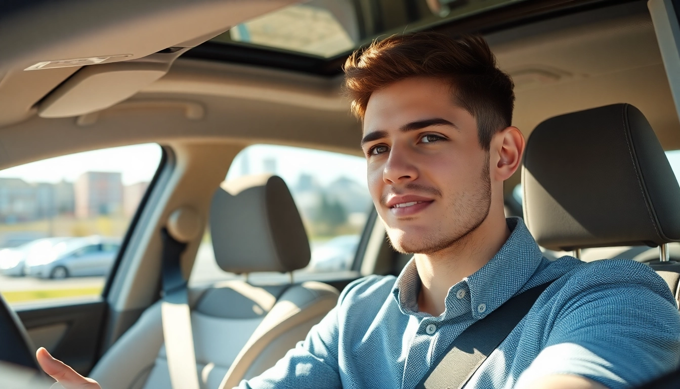 Engaged student taking intensive driving course Portsmouth inside a sunny car with city views.