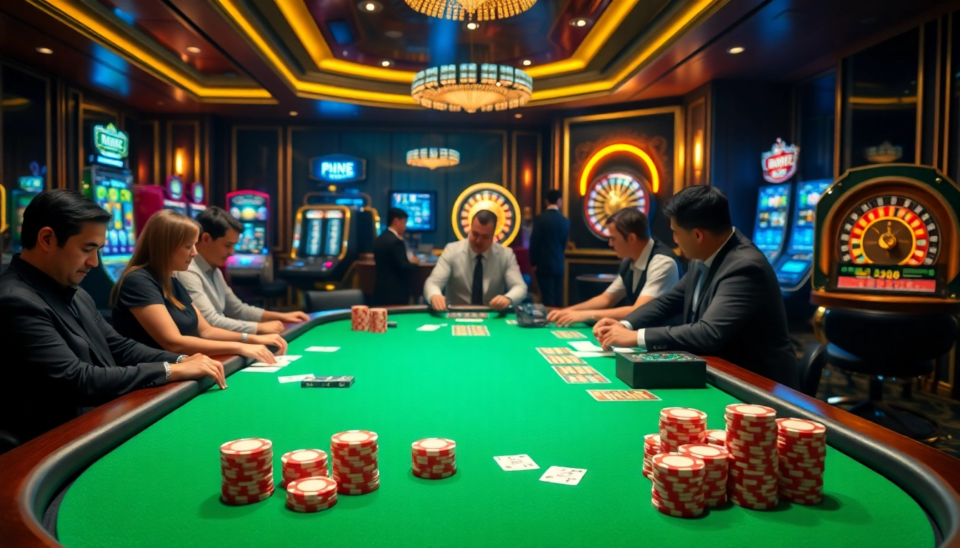 Engaged players at a luxurious casino poker table showcasing kim88 excitement and strategy.
