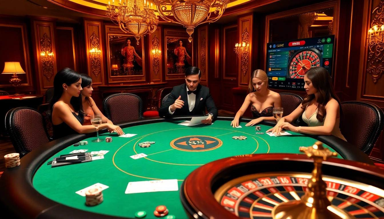 Players enjoying a high-stakes poker game at RR88, showcasing casino excitement and luxury.