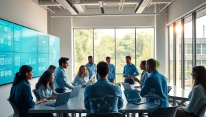 Digital traceability system team collaborating with technology in a bright workspace.