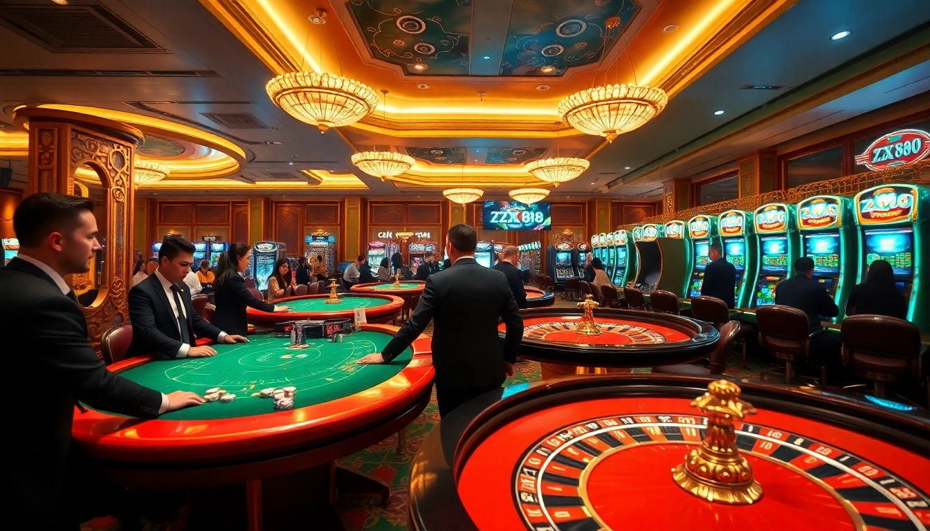 Exciting casino scene showcasing players engaging with ZX 88 table games and slot machines.