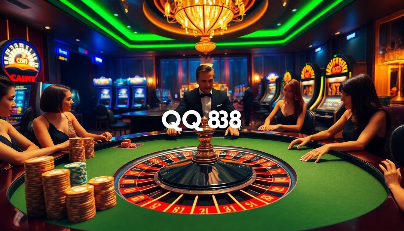Thrilling gambling experience at QQ88 with vibrant roulette table and poker chips.