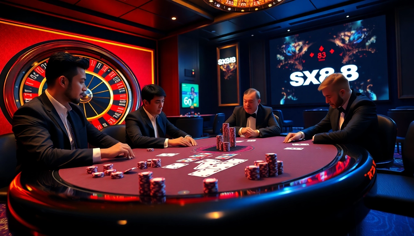 SX88 poker players competing at a high-stakes table, showcasing strategy and excitement in a luxury casino setting.