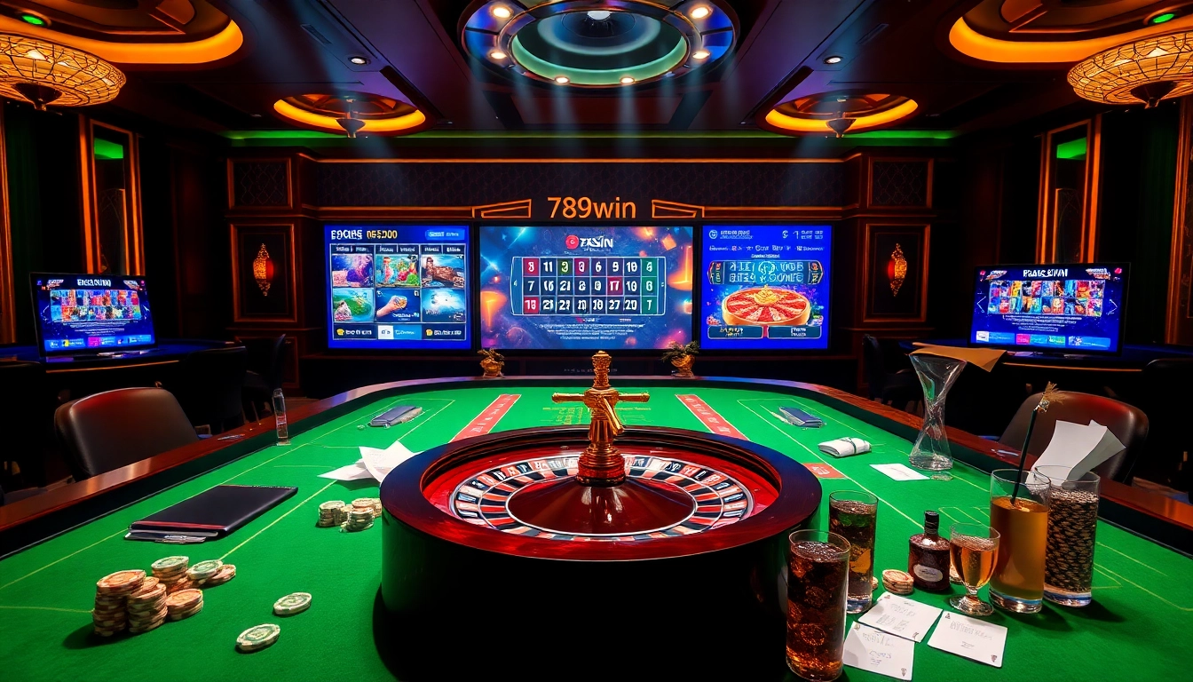 Players engaging in games at 789win online casino with poker chips and roulette wheel.