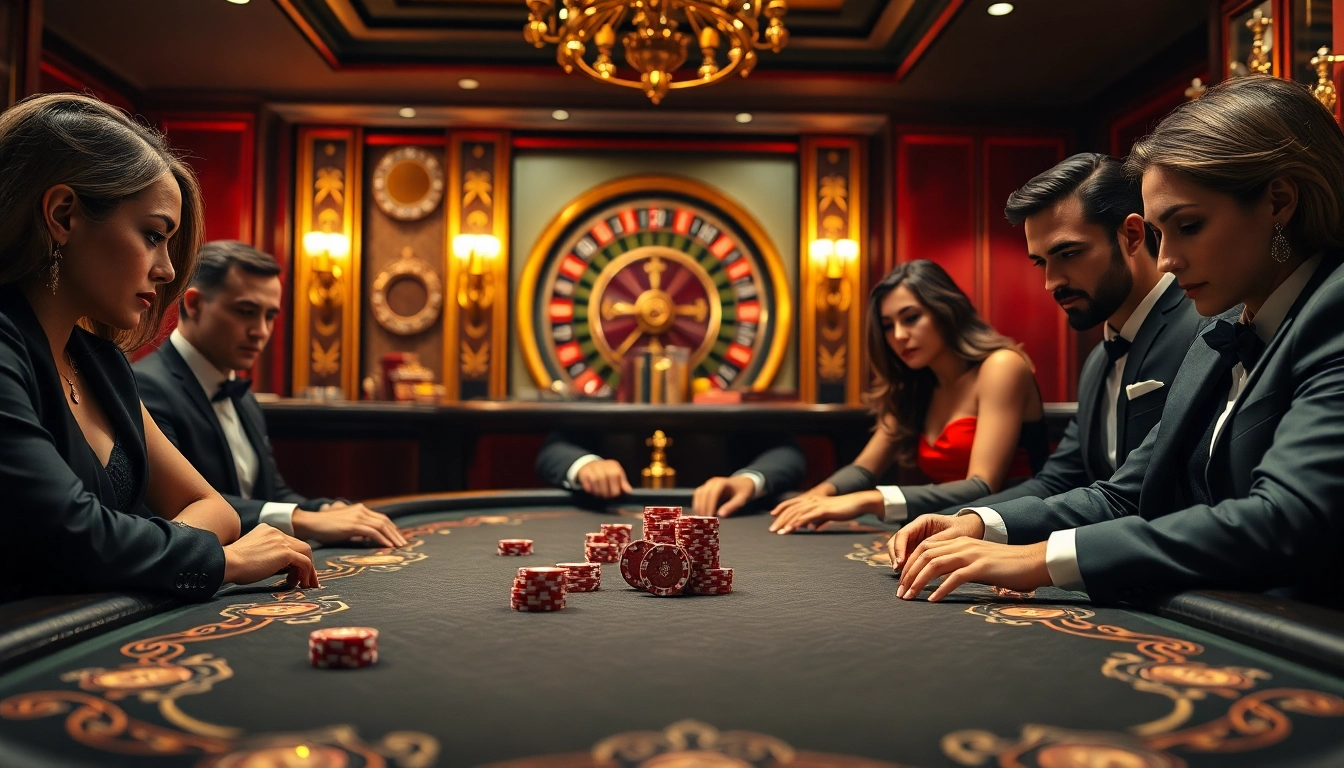Players enjoying a high-stakes poker game at OPEN88 casino, illustrated with vibrant atmosphere.