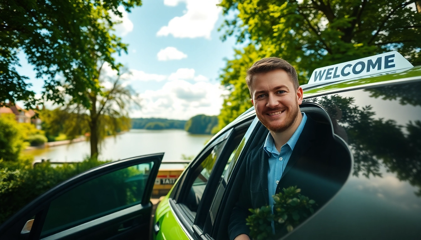 Taxi service in Thames Ditton with friendly driver near a scenic riverside backdrop.