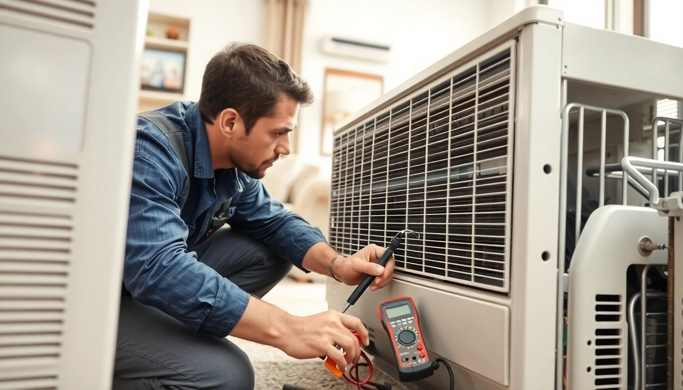 AC Repair Tampa technician examining an air conditioning unit in a cozy living room setting.