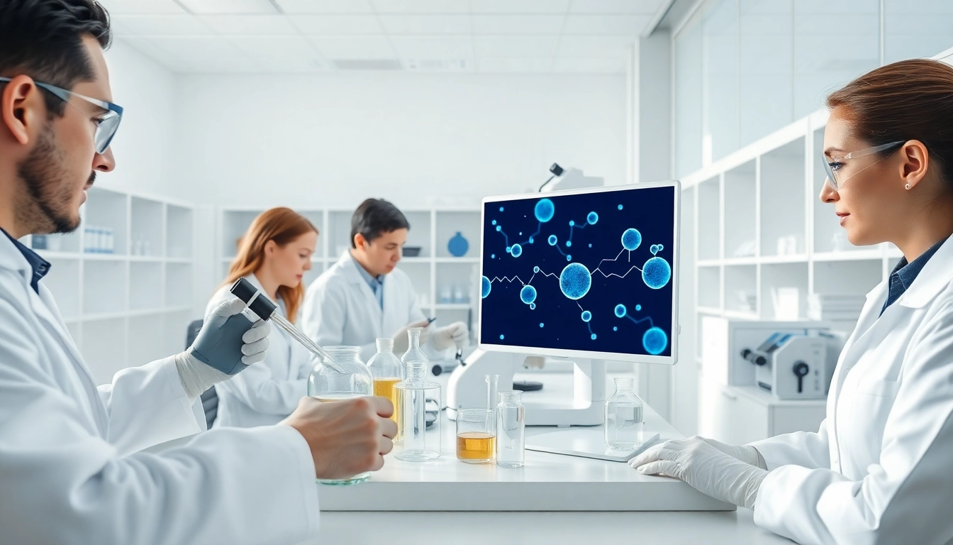 Lab technicians examining Peptides UK samples in a modern, bright laboratory.