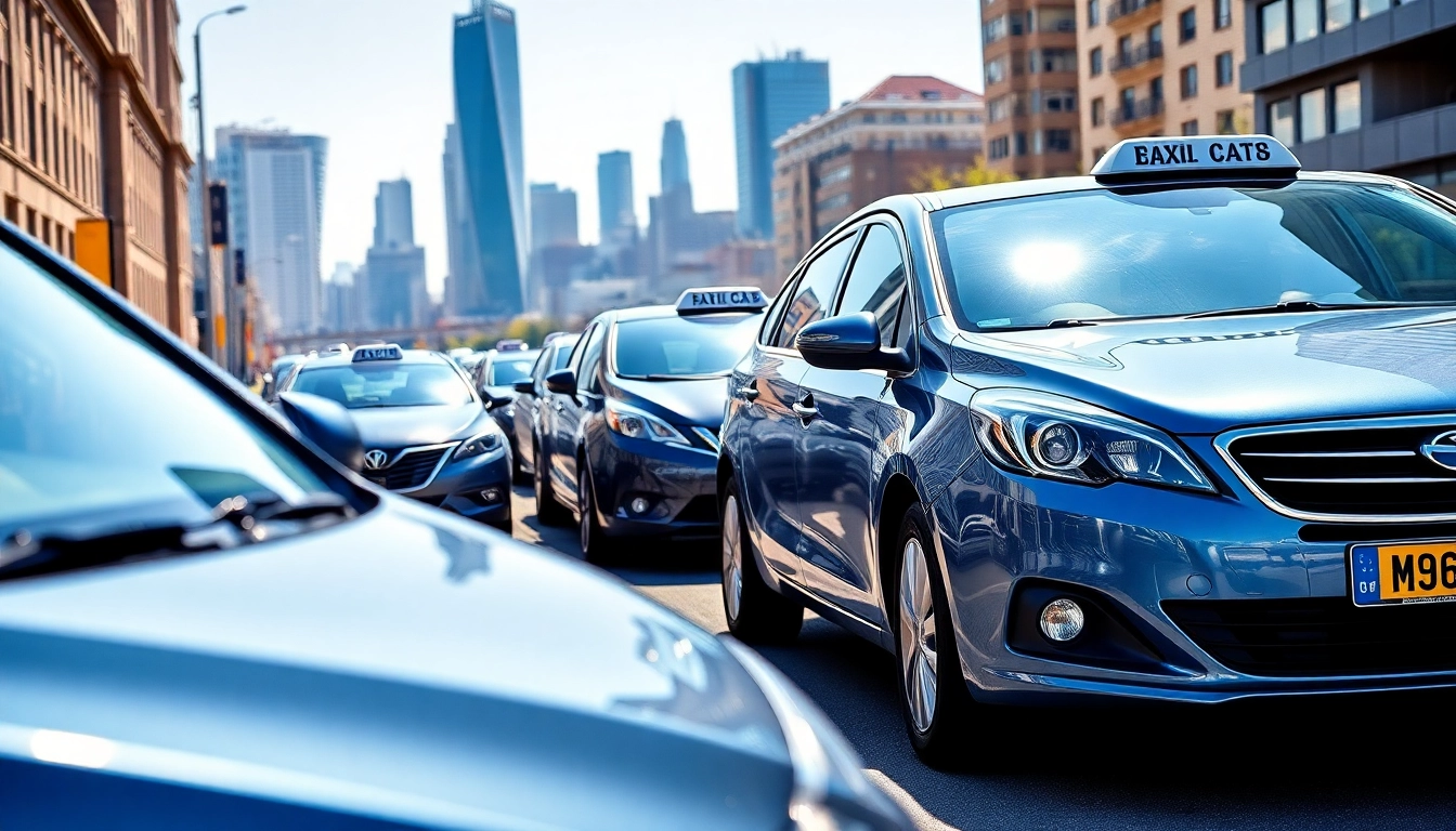 Minicabs parked in a bustling city, showcasing reliable transport options.