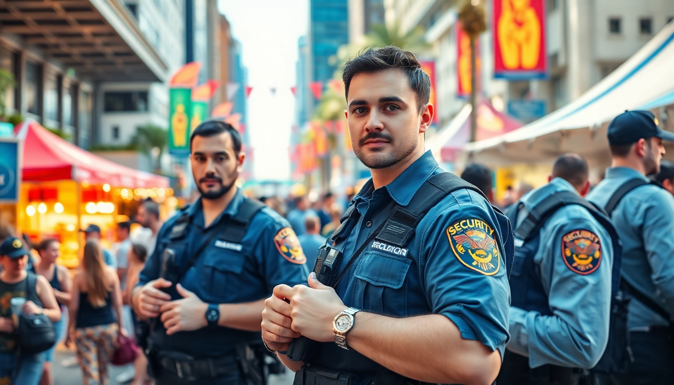 Event Security personnel managing a lively outdoor festival, ensuring safety and organization.
