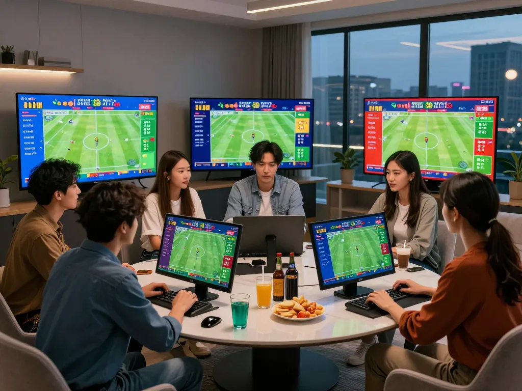 Engaged bettors using communicate.com.mx for online football wagering during an exciting match.