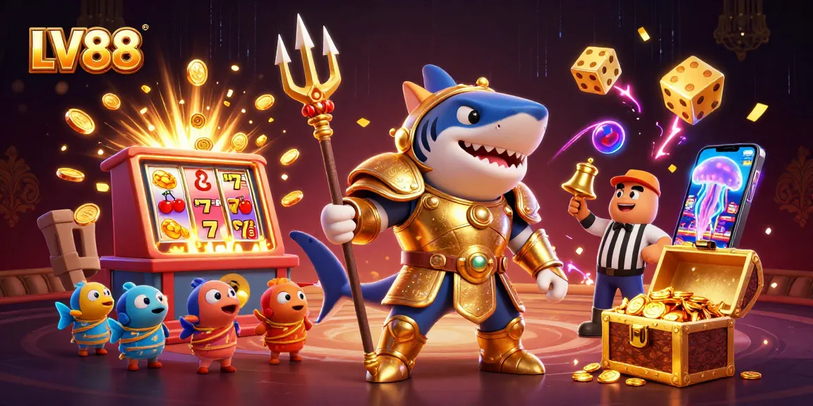Experience thrilling action at LV88 with a cartoon tiger shark in golden gladiator armor in an underwater casino