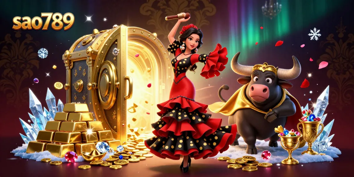 Sao789 presents a stunning gaming experience with a dynamic scene featuring a Spanish flamenco dancer and a cartoon bull surrounded by riches.