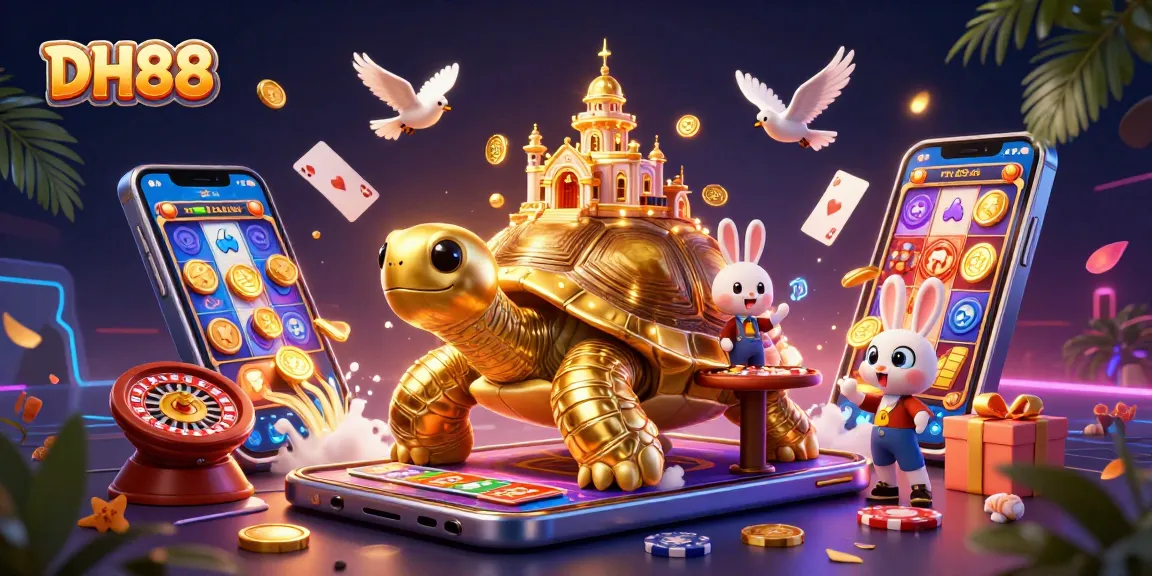 Engage with thrilling gaming at DH88, witnessing a vibrant casino scene with a golden tortoise and rabbit dealer.