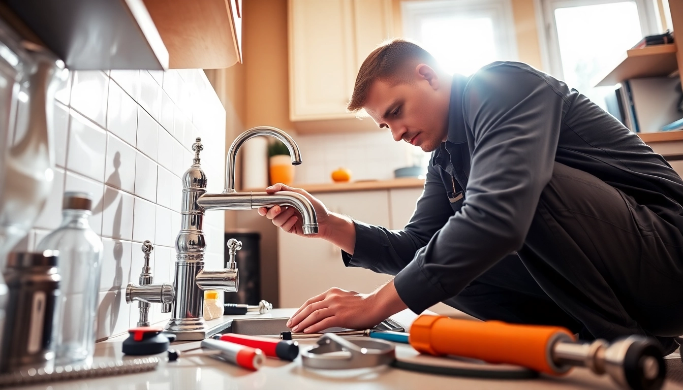 Expert plumber near me repairing a kitchen faucet, demonstrating professionalism and skill.
