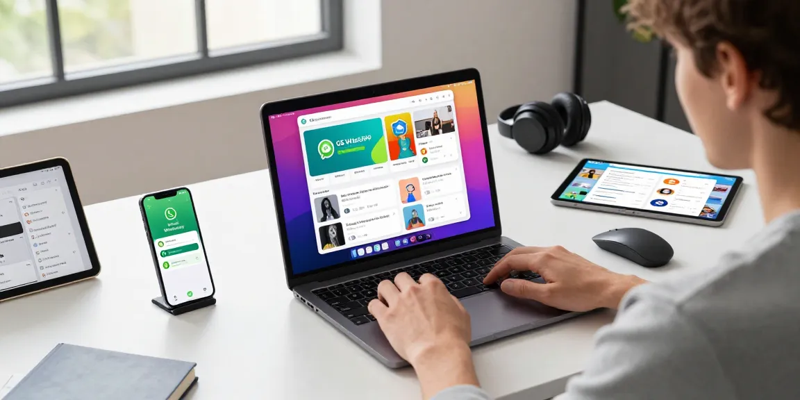 Explore the GB WhatsApp app features in a tech workspace with a casual user and modern tools.