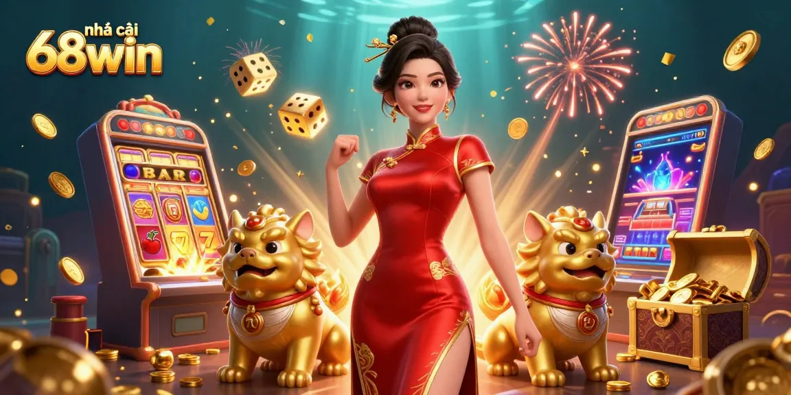 Experience thrilling gambling at nhà cái 68win with a vibrant 3D casino scene featuring dynamic game elements and a glamorous host.