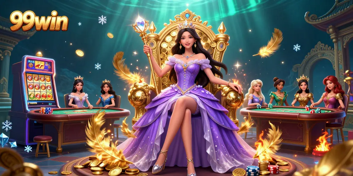 Experience 99win's vibrant gaming scene with a regal princess amidst slot machines and rich casino elements.