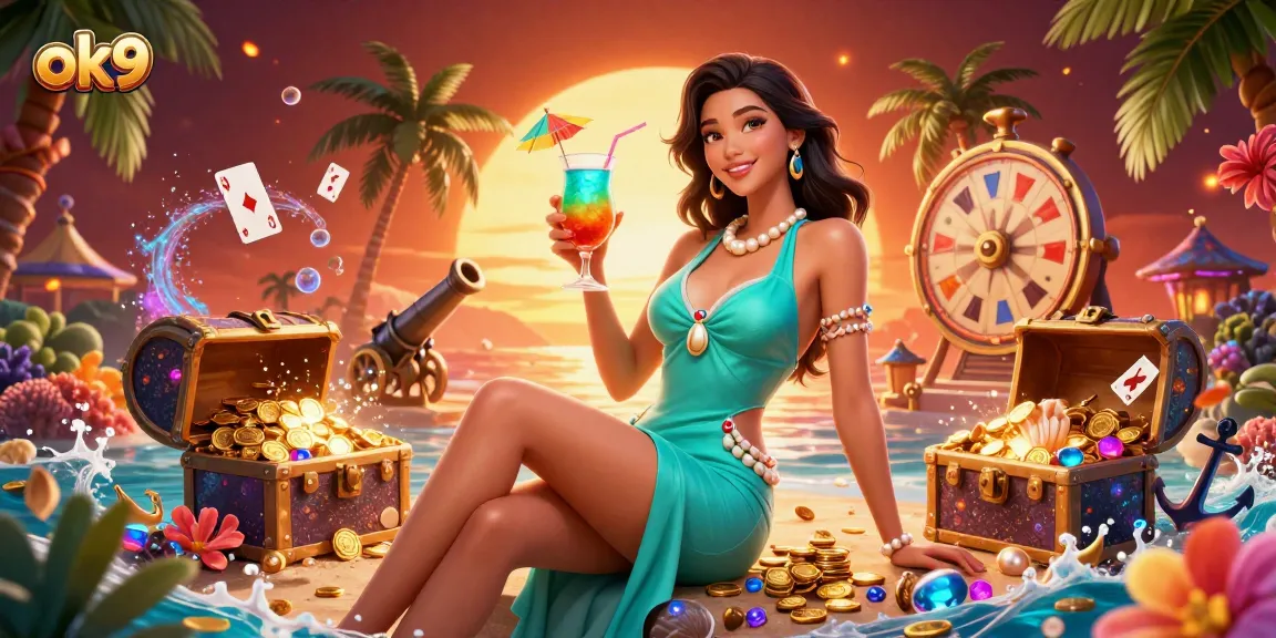 Engage with ok9 online casino excitement, featuring a glamorous woman amidst dynamic gaming elements in a vibrant beach setting.