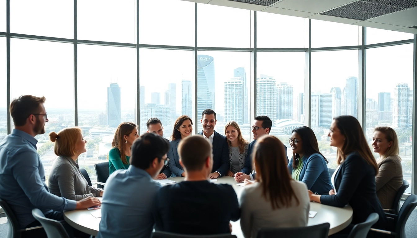 Collaborative business meeting showcasing diverse professionals in the vibrant backdrop of Australia.