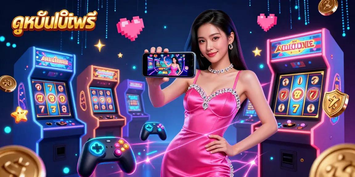 Experience ดูหนังออนไลน์ฟรี in this vibrant casino scene with a stunning woman showcasing live dealer games and immersive gaming elements.