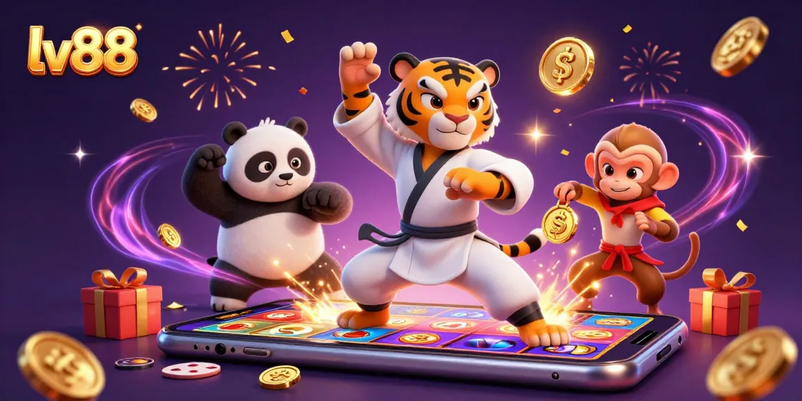 Engage with lv88's thrilling slot games, featuring a kung fu tiger, panda, and playful monkey.