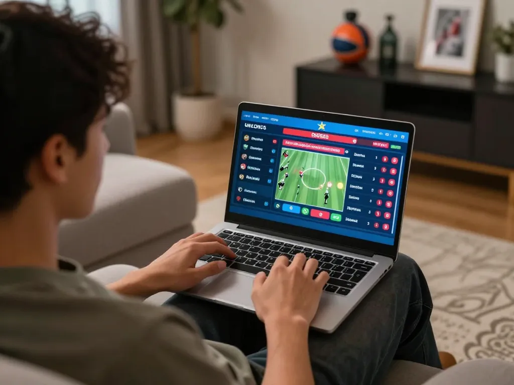Engaged in sports betting, user checks tỷ lệ kèo on a laptop, showcasing live odds in a cozy home setting