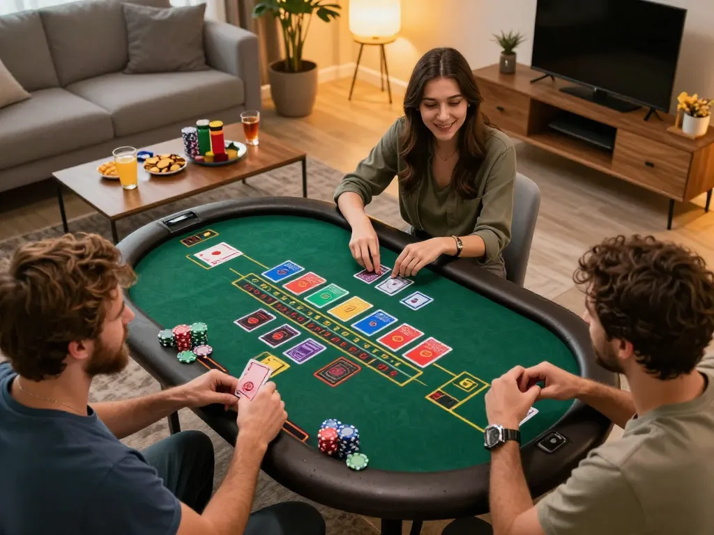 Engaging online casino scene showcasing players using sc88vn for a live baccarat game in a cozy home.