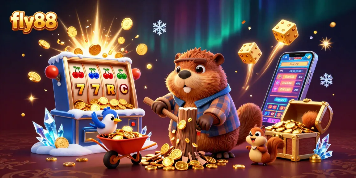 Experience fly88's energetic casino scene with cartoon characters engaging in thrilling gameplay, surrounded by vibrant elements.