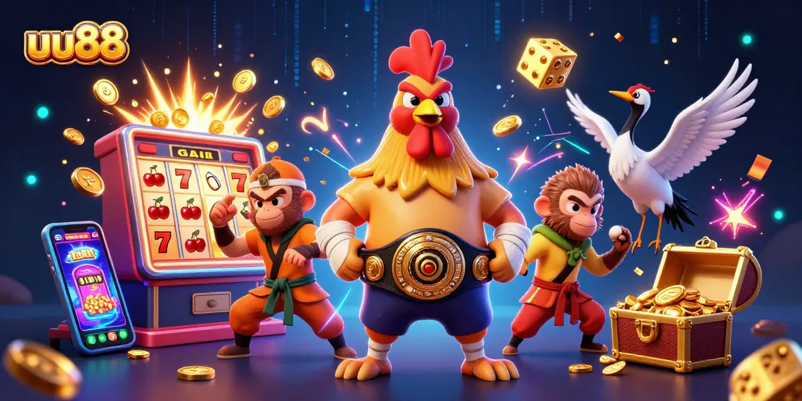 Engaging illustration of uu88 bringing together vibrant casino elements with a Muay Thai rooster, Shaolin monkey, and a wise crane