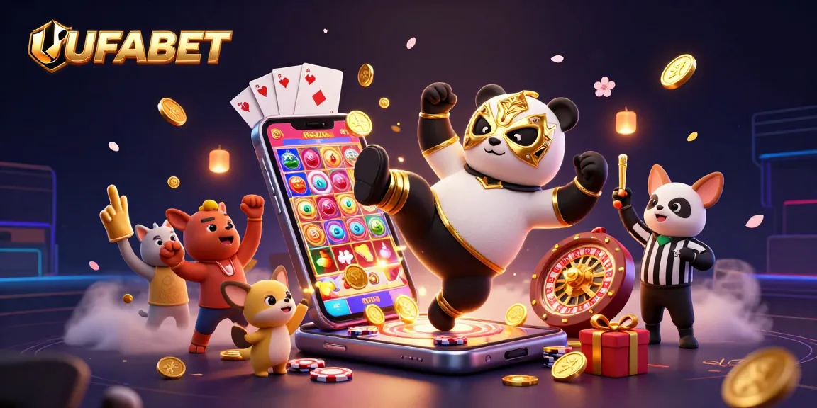 Experience thrilling gambling action with UFABET in a vibrant animated casino scene.
