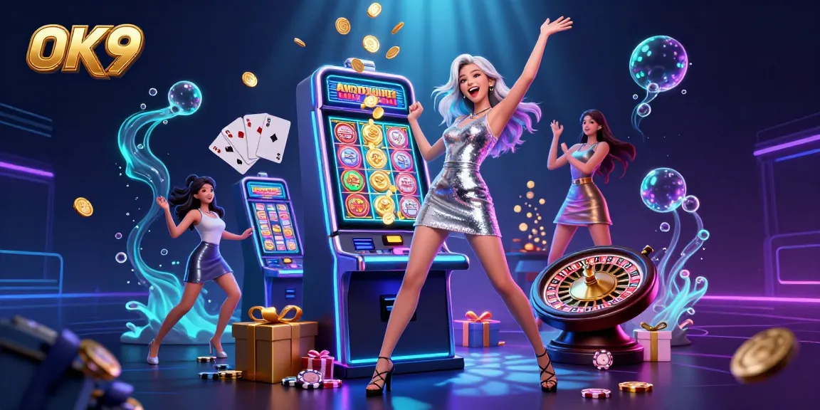 Experience excitement with OK9 at a slot machine celebration amidst vibrant casino elements.