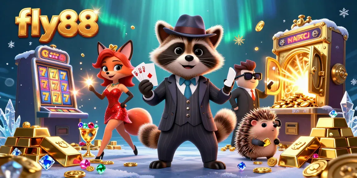 Win big with fly88 as a suave raccoon reveals a royal flush, surrounded by thrilling slot machines and sparkling treasures.