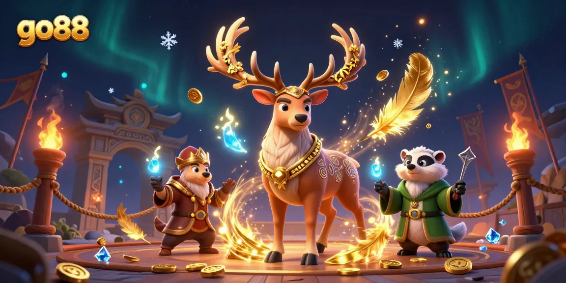 Win big at go88 with dynamic casino elements featuring gaming characters, coins, and vibrant effects.