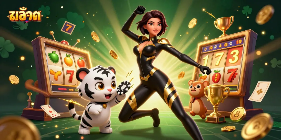 Win big with สล็อต as dynamic slot reels, lucky 7s and golden trophy adorn this vibrant scene.