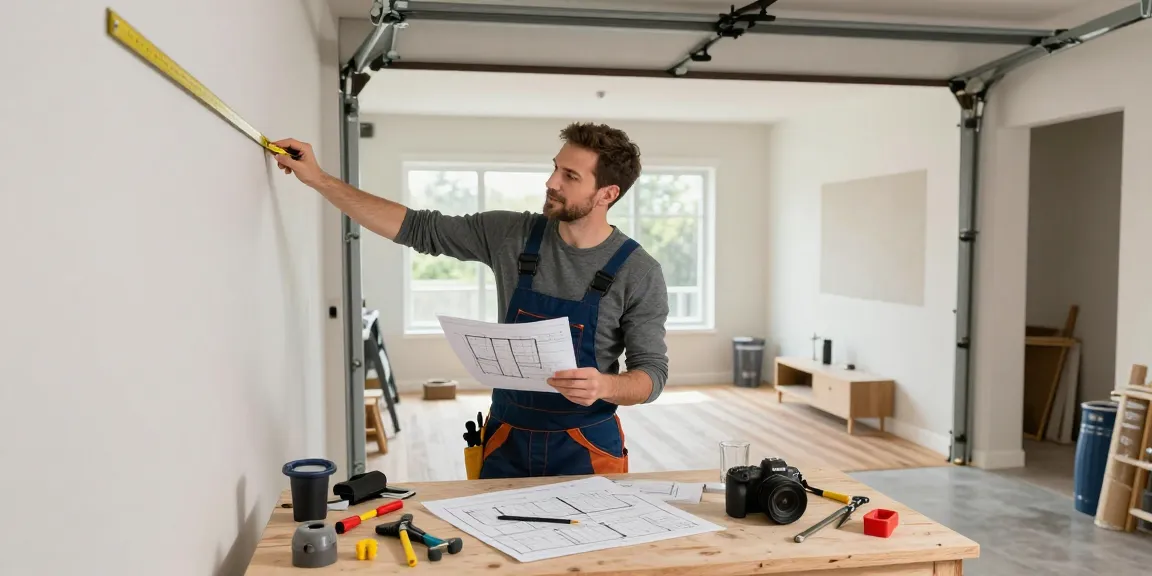 Garage conversion builder collaborating with homeowner on renovation plans in a stylish garage space.
