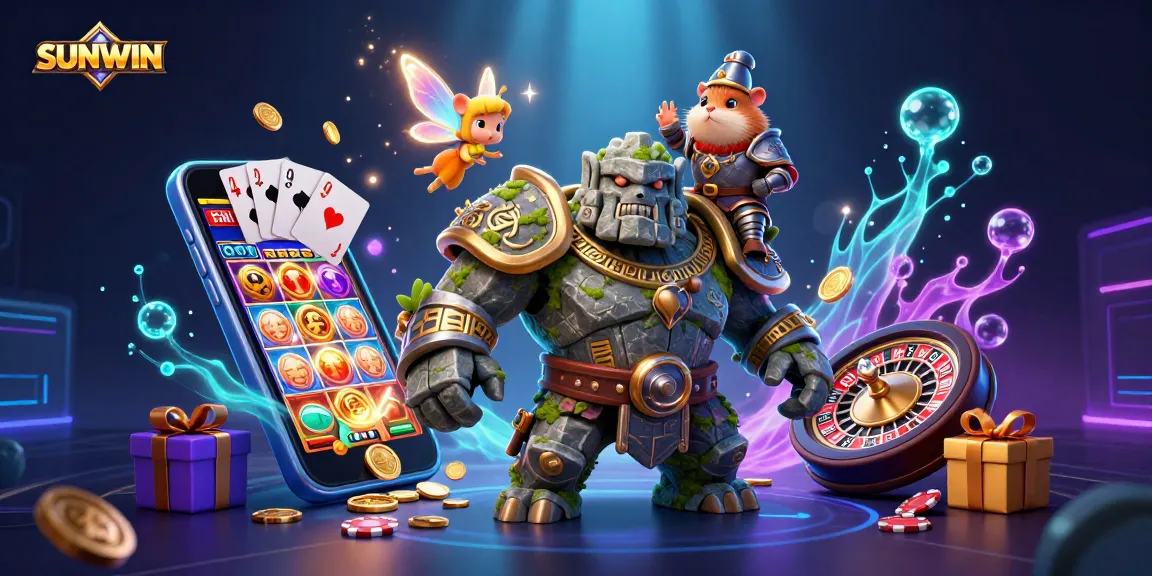 SUNWIN enhances gaming excitement with a dynamic scene featuring a golem guardian and joyful characters amidst thrilling casino elements.