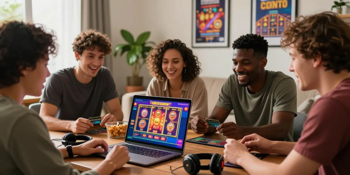 A lively group of friends enjoying credit card casinos together, highlighting gaming excitement and social atmosphere.