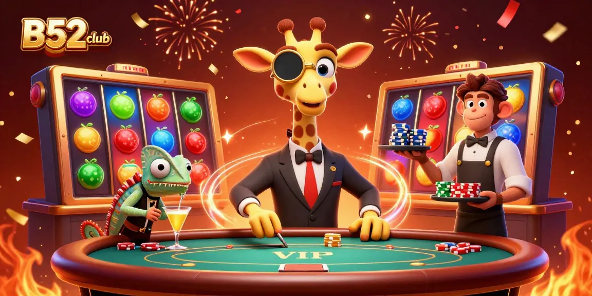 B52club offers an exciting scene with a high-roller giraffe at a poker table alongside vibrant game elements.