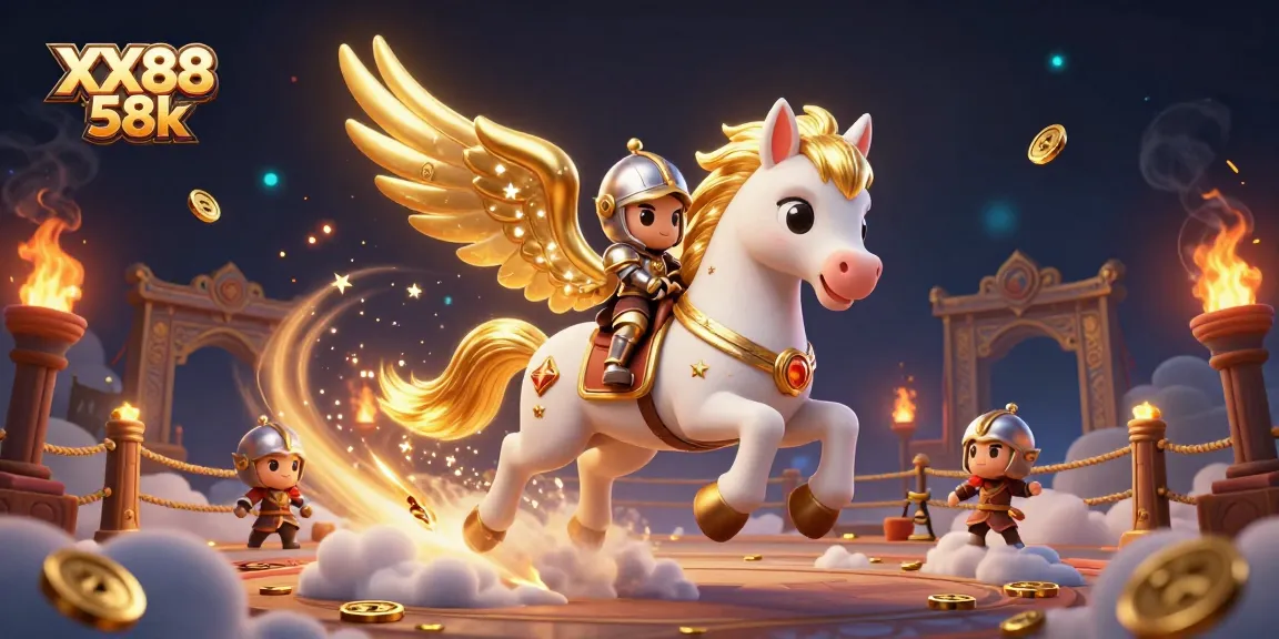 Experience thrilling gaming at XX88 58k with majestic horse and knight in a vibrant casino arena.