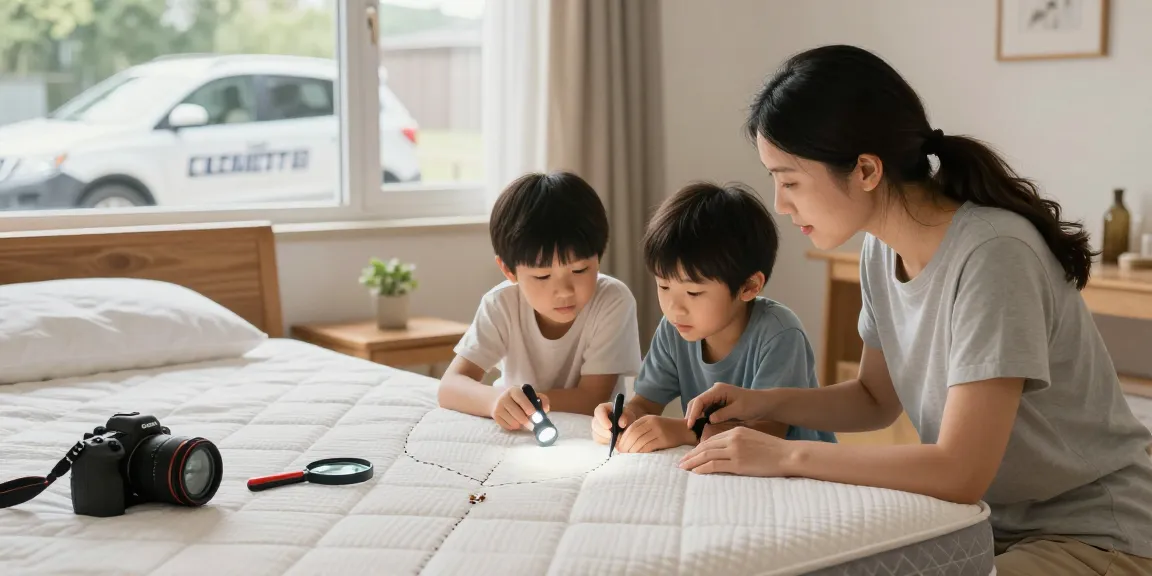 Family inspecting mattress for bed bugs, focusing on bed bug treatment solutions in a cozy home.