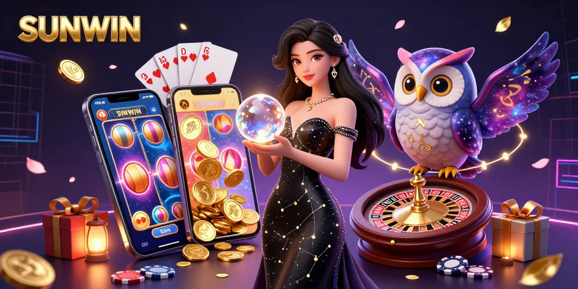 SUNWIN showcases a vibrant casino scene with a stunning woman and an owl amidst glowing gaming elements.