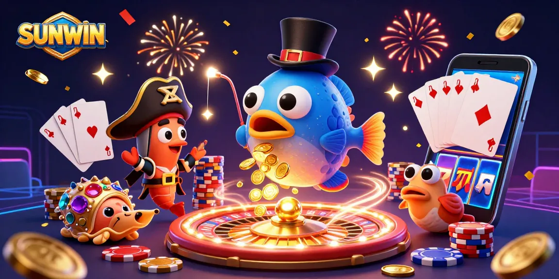Generate wins with SUNWIN's vibrant, casino-themed 3D illustration, showcasing excitement and treasures.