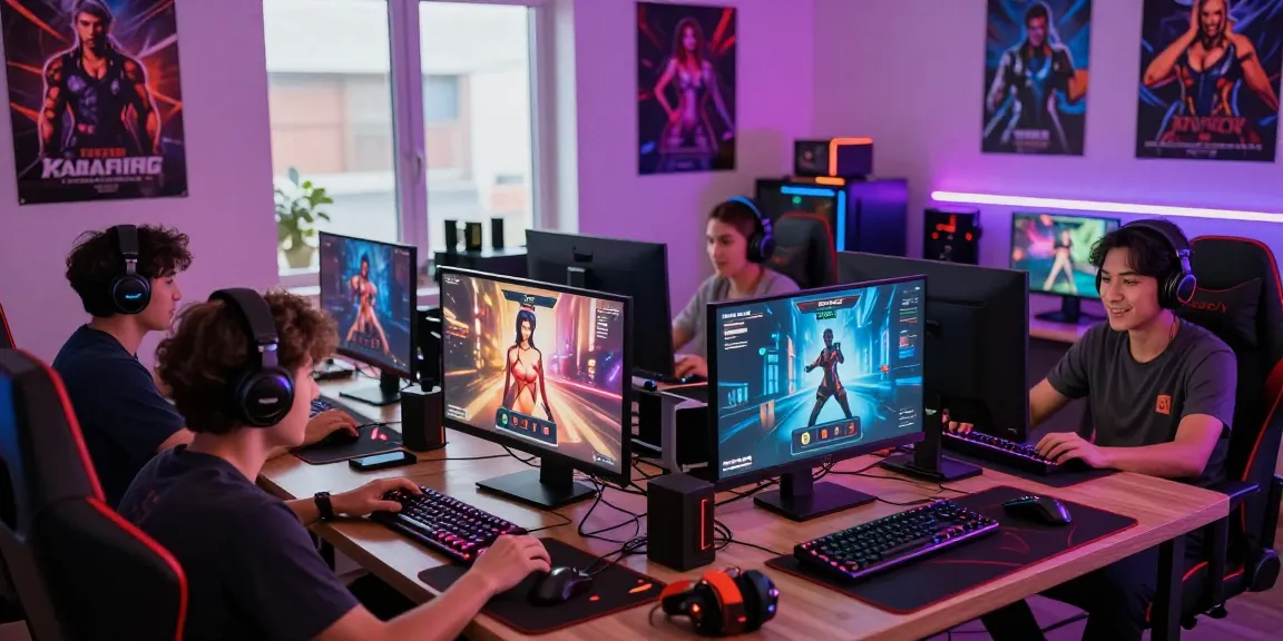 Engaging scene of gamers enjoying real hentai game on PCs and mobile devices in a lively atmosphere with vibrant decorations.